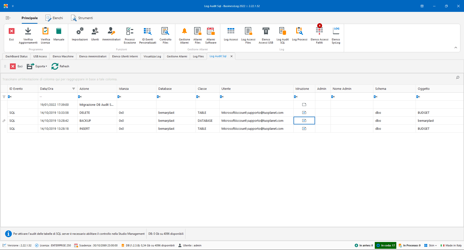Screenshot di Business LOG - Log Audit SQL