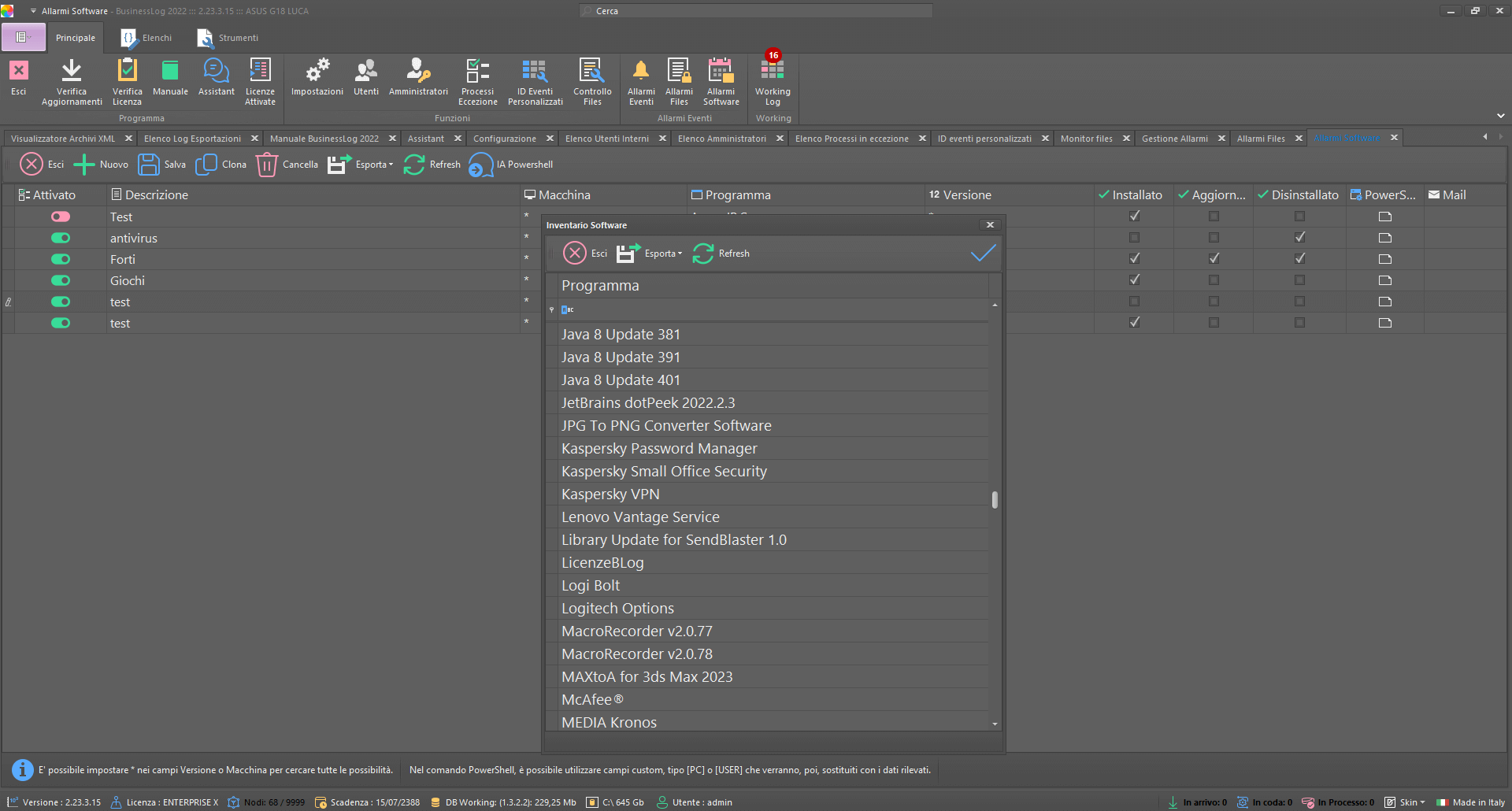 Allarmi Business LOG